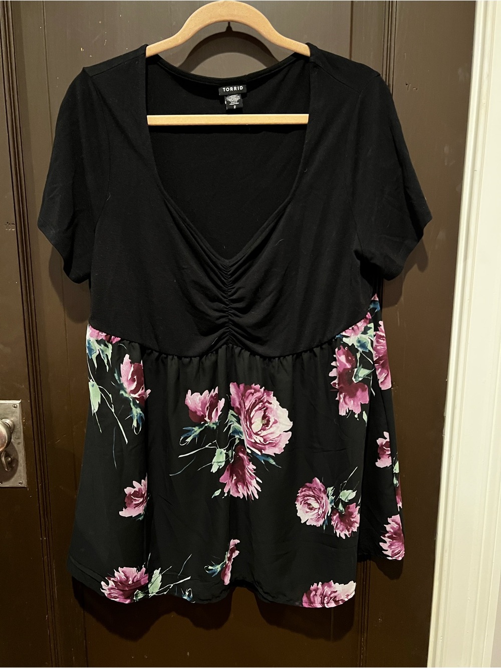 torrid Black Floral Babydoll Top with Purple Roses
